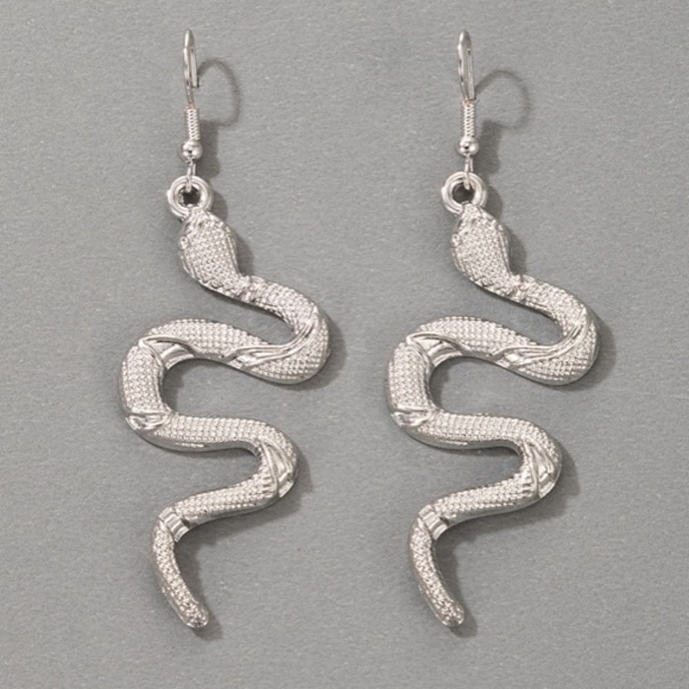 Boho Chic Silver Textured Serpent Snake Dangle Drop Earrings